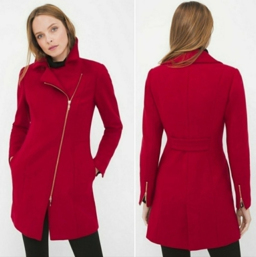 White House Black Market Red Coat Asymmetrical Zip Sleeve Zippers Women's XS EUC
